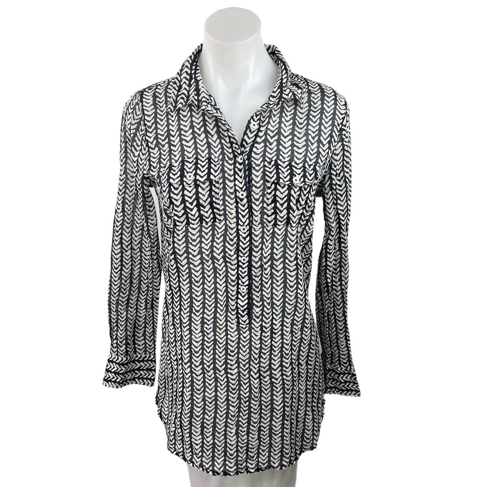 J. Crew Black White Chevron Striped Button Down Long Sleeve Tunic Blouse Top XS